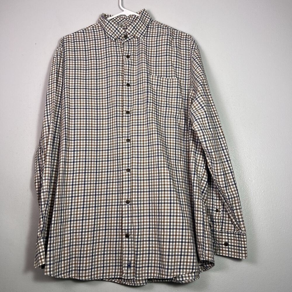 Johnnie-O Top Shelf Men's Sz XL Plaid Button Down Shirt Blue Gray Brown Cotton